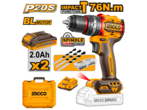 TALADRO ATORNILLADOR C/PERCUTOR 76NM  A BATERÍA BRUSHLESS 20V P20S C/2 BAT, CARGADOR, ACCESORIOS Y VALIJA