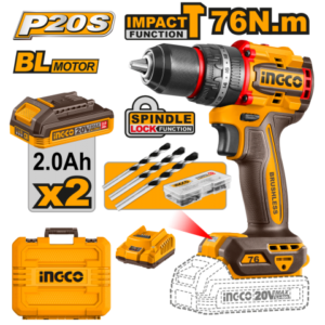 TALADRO ATORNILLADOR C/PERCUTOR 76NM  A BATERÍA BRUSHLESS 20V P20S C/2 BAT, CARGADOR, ACCESORIOS Y VALIJA