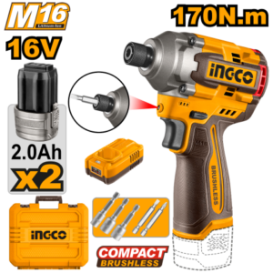 Atornillador De Impacto A Bateria 16V 170Nm C/2 Baterias Y Cargador En Valija + Accs Ingco