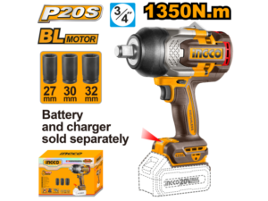 Llave De Impacto A Bateria Brushless 3/4" 1350Nm P20S 20V + 3 Dados 27,30,32Mm S/Bat S/Carg