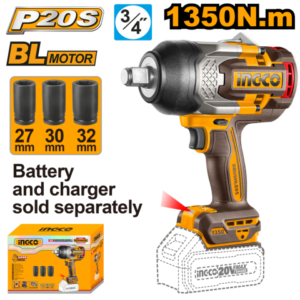 Llave De Impacto A Bateria Brushless 3/4" 1350Nm P20S 20V + 3 Dados 27,30,32Mm S/Bat S/Carg