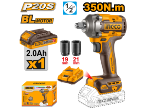 Llave De Impacto A Bateria 350 Nm 20V P20S 1/2" Brushless Motor Con Bat + Cargador + Set Dados