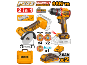 Kit A Bateria P20S 20V Mini Amoladora 3" Multifuncion + Taladro Atornillador 66Nm + 2Bat, Cargador, Valija Y Accesorios