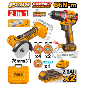 Kit A Bateria P20S 20V Mini Amoladora 3" Multifuncion + Taladro Atornillador 66Nm + 2Bat, Cargador, Valija Y Accesorios
