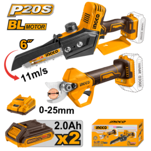 Combo A Bateria Mini Motosierra 6" 20V P20S + Tijera Poda 20V + 2X Bat 2Aha + Carg