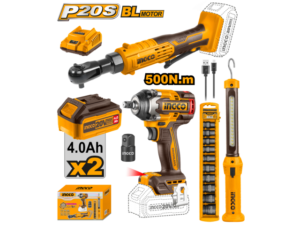 Combo Llave De Impacto 500Nm 20V A Bateria + Llave Crique 20V + Linterna + Set Dados