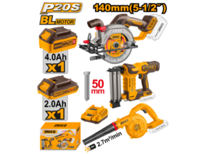 COMBO SIERRA CIRCULAR A BATERIA 140MM 20V P20S BRUSHLESS + CLAVADORA A BATERIA PARA MADERA 50MM 20V P20S BRUSHLESS + SOP