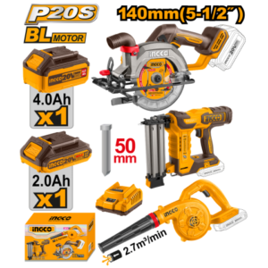 COMBO SIERRA CIRCULAR A BATERIA 140MM 20V P20S BRUSHLESS + CLAVADORA A BATERIA PARA MADERA 50MM 20V P20S BRUSHLESS + SOP