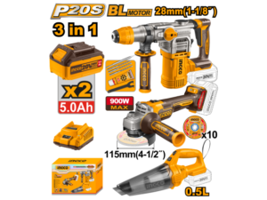 Kit Combo A Bateria P20S 20V C/Rotomartillo + Amoladora + Aspiradora C/ 2 Baterias, Cargador Y Accesorios