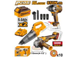 COMBO LLAVE DE IMPACTO A BATERIA 1/2" 850NM BRUSHLESS 20V P20S + AMOLADORA A BATERIA 4 1/2" BRUSHLESS 20V P20S + ASPIRAD