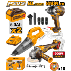 COMBO LLAVE DE IMPACTO A BATERIA 1/2" 850NM BRUSHLESS 20V P20S + AMOLADORA A BATERIA 4 1/2" BRUSHLESS 20V P20S + ASPIRAD