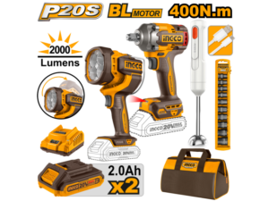 Set Llave De Impacto 400Nm 20V Bateria P20S + Linterna 2000Lm + Mixer  C Bat Y Bolso