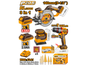 KIT COMBO A BATERIA P20S 20V SIERRA CIRCULAR + TALADRO ATORNILLADOR C/PERCUTOR + LIJADORA C/2 BATERIAS, CARGADOR Y ACCES