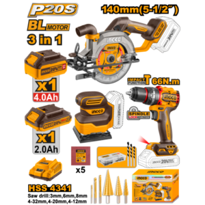 KIT COMBO A BATERIA P20S 20V SIERRA CIRCULAR + TALADRO ATORNILLADOR C/PERCUTOR + LIJADORA C/2 BATERIAS, CARGADOR Y ACCES