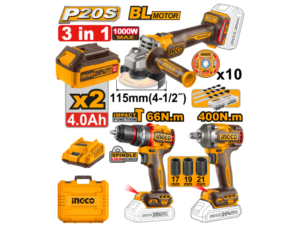 Kit A Bateria P20S 20V 3 Piezas Brushless Motor C/2Bat, Cargador, Valija Y Accesorios Ingco Cosli241291
