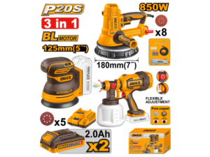 Kit A Bateria P20S 20V Lijadora De Yeso 850W 180Mm 7" + Lijadora Roto Orbital 125Mm 7" + Pistola De Pintar + 2 Bat, Carg