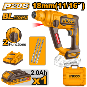ROTOMARTILLO A BATERÍA 20V P20S SDS PLUS 1.8J + 3 MECHAS, C/BATERÍA, CARGADOR Y VALIJA