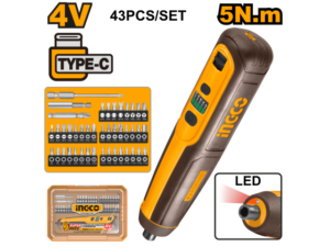 Atornillador A Batería 5Nm 4V C/ Set 44Pcs + Valija, Carga Tipo-C (S/Cable) Ingco Csdli04062