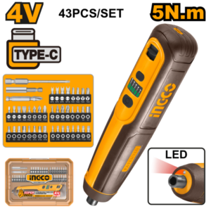 Atornillador A Batería 5Nm 4V C/ Set 44Pcs + Valija, Carga Tipo-C (S/Cable) Ingco Csdli04062