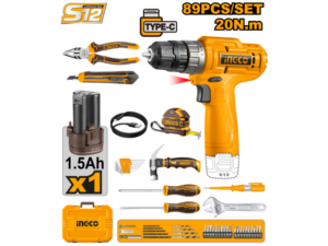 Kit Atornillador 12V 20Mm En Valija (Cdli12428) + 89 Herramientas C/Bat Y Cargador Ingco - Hkthp10891