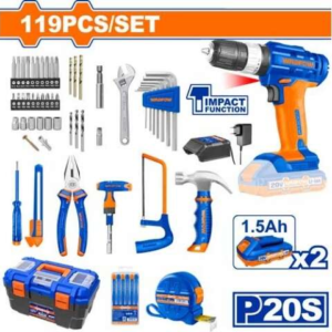 SET 119 PCS TALADRO C PERCUTOR 20V + HERRAMIENTAS + VALIJA
