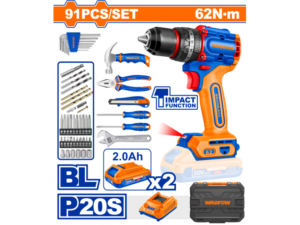 SET DE HERRAMIENTAS 91 PCS + TALADRO ATORN. C/ PERCUTOR 20V 62NM A BATERÍA +  2 BAT + CARGADOR + VALIJA WADFOW WDT4B91