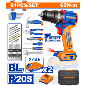 SET DE HERRAMIENTAS 91 PCS + TALADRO ATORN. C/ PERCUTOR 20V 62NM A BATERÍA +  2 BAT + CARGADOR + VALIJA WADFOW WDT4B91