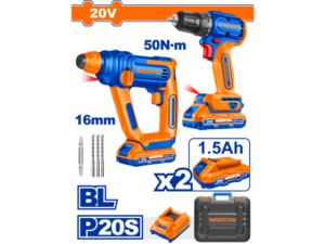 COMBO TALADRO A BATERIA 10MM C/PERCUTOR BRUSHLESS 20V P20S + ROTOMARTILLO A BATERIA 1,5J 20V P20S EN VALIJA C/2 BAT