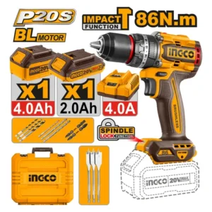 TALADRO ATORNILLADOR PERCUTOR A BATERÍA 20V P20S BRUSHLESS 86NM C/2BATERÍAS, CARGADOR, VALIJA Y ACCESORIOS INGCO CIDLI20